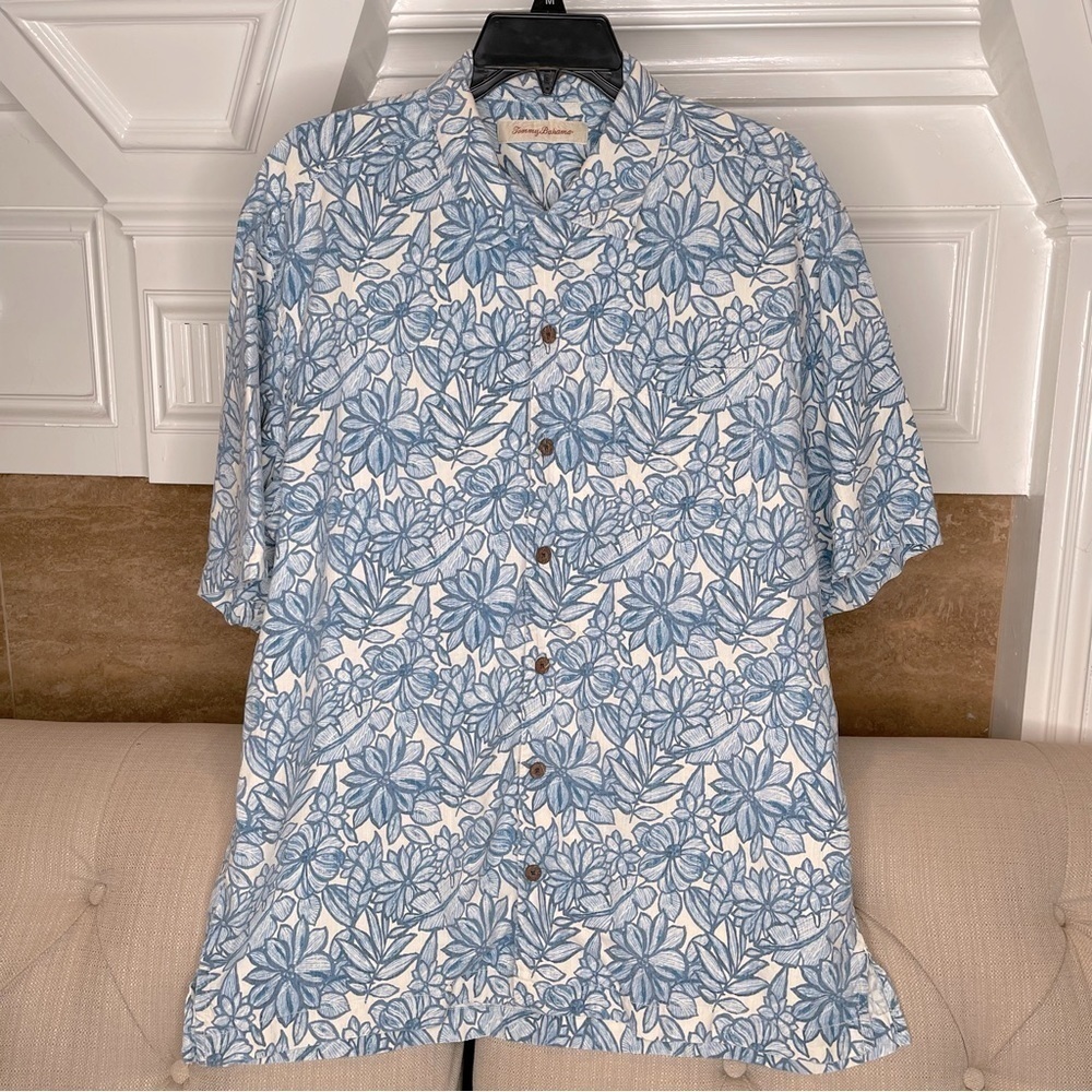 Bf:  TOMMY BAHAMA 100% Silk Mens Sz L Blue Floral Print Short Sleeve Shirt